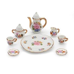 Cutemini 1:6 Scale Miniature Porcelain Dollhouse Tea Cup Sets 8PCS Flower Pattern Teapot Platter Dish Sets Dollhouse Kitchen Supplies Decoration (Light Pink)