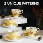 BTaT- Floral Tea Cups and Saucers, Set of 4, 8 oz, Fine Porcelain Teacup Set with Gold Trim for Afternoon Tea, Weddings, Parties & Gifting, Dishwasher Safe, Lightweight, Non-Toxic