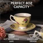 BTaT- Floral Tea Cups and Saucers, Set of 4, 8 oz, Fine Porcelain Teacup Set with Gold Trim for Afternoon Tea, Weddings, Parties & Gifting, Dishwasher Safe, Lightweight, Non-Toxic