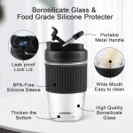 Sivaphe Reusable Glass Ice Hot Coffee Cup 16 oz, Portable Travel Mug with Spill-Proof Lid and Thermal Sleeve for Home Office Blue