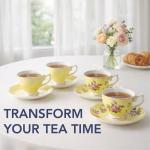 BTaT- Floral Tea Cups and Saucers, Set of 4, 8 oz, Fine Porcelain Teacup Set with Gold Trim for Afternoon Tea, Weddings, Parties & Gifting, Dishwasher Safe, Lightweight, Non-Toxic