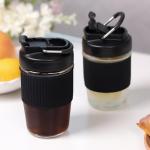 Sivaphe Reusable Glass Ice Hot Coffee Cup 16 oz, Portable Travel Mug with Spill-Proof Lid and Thermal Sleeve for Home Office Blue