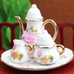 Cutemini 1:6 Scale Miniature Porcelain Dollhouse Tea Cup Sets 8PCS Flower Pattern Teapot Platter Dish Sets Dollhouse Kitchen Supplies Decoration (Light Pink)
