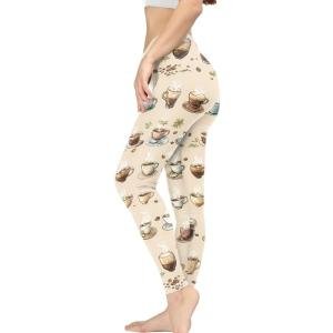 Irisjudy Coffee Cup Tummy Control Leggings Yoga Pants for Women, Retro Coffee Afternoon Tea Stretchy Gym Workout Tights Breathable Jogging Pants