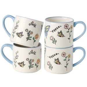 Colorful Butterfly and Flower Ceramic Mug Set