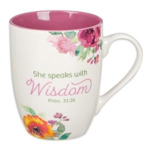 Christian Art Gifts Inspirational Ceramic Coffee & Tea Scripture Mug for Women: She Speaks with Wisdom Bible Verse, Microwave & Dishwasher Safe Drinkware, Multicolor Floral, White & Dark Pink, 12 oz.