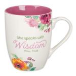 Christian Art Gifts Inspirational Ceramic Coffee & Tea Scripture Mug for Women: She Speaks with Wisdom Bible Verse, Microwave & Dishwasher Safe Drinkware, Multicolor Floral, White & Dark Pink, 12 oz.