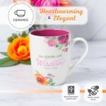 Christian Art Gifts Inspirational Ceramic Coffee & Tea Scripture Mug for Women: She Speaks with Wisdom Bible Verse, Microwave & Dishwasher Safe Drinkware, Multicolor Floral, White & Dark Pink, 12 oz.