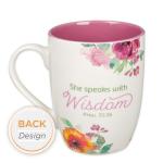 Christian Art Gifts Inspirational Ceramic Coffee & Tea Scripture Mug for Women: She Speaks with Wisdom Bible Verse, Microwave & Dishwasher Safe Drinkware, Multicolor Floral, White & Dark Pink, 12 oz.
