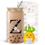 Personalized Monogram Glass Cup with Lid and Straw