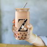 Personalized Monogram Glass Cup with Lid and Straw