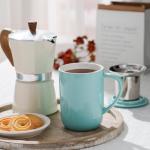 CEEFU Porcelain Tea Mug with Infuser and Lid, Teaware with Filter and Coaster, Loose Leaf Tea Cup Steeper Maker, 16 OZ for Tea/Coffee/Milk/Women/Office/Home/Gift (Turquoise)