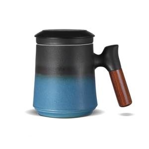 ZENS Tea Cup with Infuser and Lid, 14.5oz Gradient Blue Tea Mug for Loose Leaf Tea Steeper, Wood Handle Tea Cup with Fine Tea Strainers for Hot Tea Diffusers Tea Accessories for Tea Lovers Gifts