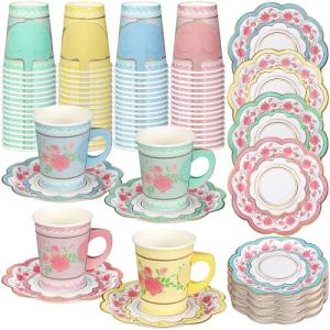 Floral Disposable Tea Cups with Saucers - 100 Sets