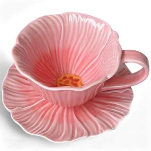 Pink Flower-Shaped Ceramic Tea Cups Set