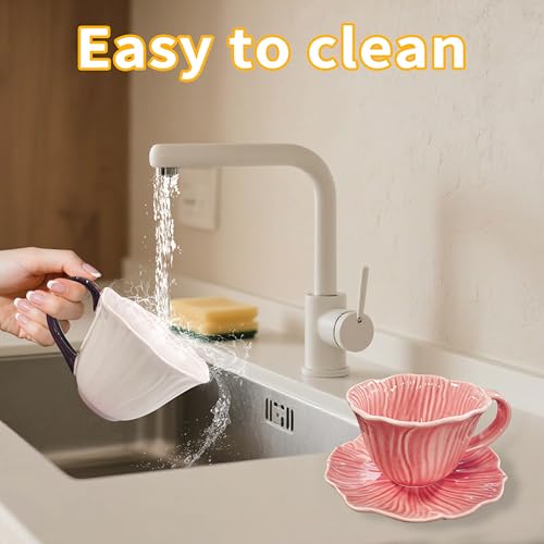 Pink Flower-Shaped Ceramic Tea Cups Set