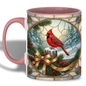 Festive Red Cardinal Coffee Mug with Pine Branches