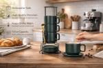La Belle Maison Coffee Mug Set of 4-11.5 Oz Porcelain Stackable Coffee Mugs with Saucers, Spoons & Metal Stand - Ceramic Tea Cups with Rack - Dishwasher & Microwave Safe