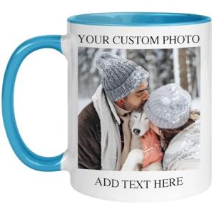 Customized Photo Mug with Personalized Text Upload Your Image with Different Designs (White/Blue), 11oz