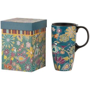 Topadorn Coffee Ceramic Mug Porcelain Latte Tea Cup With Lid 17oz. Floral Symphony, Green Bird