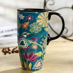 Topadorn Coffee Ceramic Mug Porcelain Latte Tea Cup With Lid 17oz. Floral Symphony, Green Bird