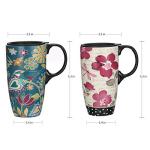 Topadorn Coffee Ceramic Mug Porcelain Latte Tea Cup With Lid 17oz. Floral Symphony, Green Bird