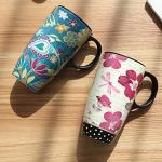 Topadorn Coffee Ceramic Mug Porcelain Latte Tea Cup With Lid 17oz. Floral Symphony, Green Bird