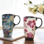 Topadorn Coffee Ceramic Mug Porcelain Latte Tea Cup With Lid 17oz. Floral Symphony, Green Bird