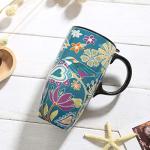 Topadorn Coffee Ceramic Mug Porcelain Latte Tea Cup With Lid 17oz. Floral Symphony, Green Bird