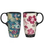 Topadorn Coffee Ceramic Mug Porcelain Latte Tea Cup With Lid 17oz. Floral Symphony, Green Bird