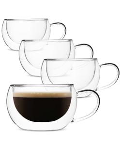 BTaT- Insulated Coffee Cups, Set of 4 (9 oz, 270 ml), Double Wall Glass Tea Cups, Glass Cups, Glass Mug, Glass Coffee Cups, Latte Cups, Latte Mug, Clear Mugs, Glass Cappuccino Cups