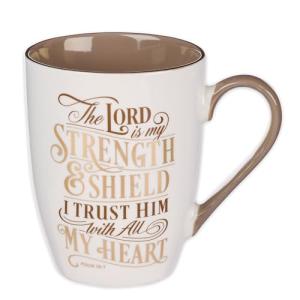 Christian Art Gifts Caramel Brown Ceramic Coffee Mug – 12 oz. Lead and Cadmium-free Inspirational Scripture Coffee and Tea Mug for Men and Women with Bible Verse: The Lord is My Strength – Psalm 28:7