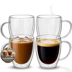 Set of 4 Double Walled Glass Coffee Mugs with Handles, 12oz Clear Coffee Mugs for Hot/Cold Beverages, Insulated Borosilicate Glass Cups for Cappuccino, Espresso, Latte, Tea, Milk, Microwave Safe