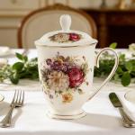 Elegant Ceramic Tea Mug with Lid, 10oz