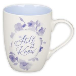 Christian Art Gifts Inspirational Ceramic Coffee & Tea Scripture Mug for Women: Be Still & Know Encouraging Bible Verse Cup, Microwave & Dishwasher Safe, Non-toxic, White, Blue & Purple Floral, 12 oz.