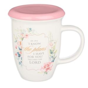 Christian Art Gifts Rose Floral Ceramic Coffee Mug with Pink Lid – 13 oz. Lead and Cadmium-free Inspirational Scripture Coffee and Tea Mug for Women with Bible Verse: I Know The Plans – Jeremiah 29:11