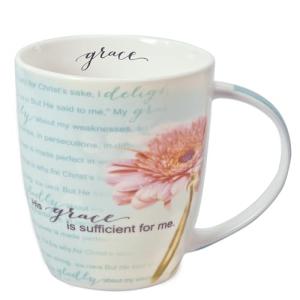 Christian Art Gifts Pink Chrysanthemum Floral Ceramic Coffee Mug – 12 oz. Lead and Cadmium-free Inspirational Scripture Coffee and Tea Mug for Women with Bible Verse: Sufficient Grace – 2 Cor. 12:9-10