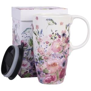 Topadorn Ceramic Coffee Mug for Home & Office, 17oz. Porcelain Latte Travel Cup with Lid and Color Box, Pink Flower Art Tea Mug with Handle, 6.5" H