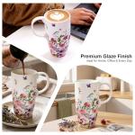 Topadorn Ceramic Coffee Mug for Home & Office, 17oz. Porcelain Latte Travel Cup with Lid and Color Box, Pink Flower Art Tea Mug with Handle, 6.5" H