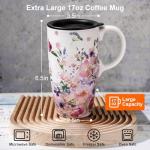 Topadorn Ceramic Coffee Mug for Home & Office, 17oz. Porcelain Latte Travel Cup with Lid and Color Box, Pink Flower Art Tea Mug with Handle, 6.5" H