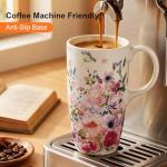 Topadorn Ceramic Coffee Mug for Home & Office, 17oz. Porcelain Latte Travel Cup with Lid and Color Box, Pink Flower Art Tea Mug with Handle, 6.5" H