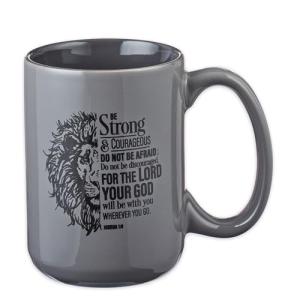 Christian Art Gifts Lion Gray Ceramic Coffee Mug – 14 oz. Microwave and Dishwasher-safe Inspirational Scripture Coffee and Tea Mug for Men and Women with Bible Verse: Strong & Courageous – Joshua 1:9