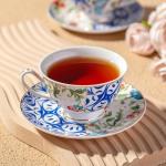 BTaT- Vintage Tea Cups and Saucers Set of 6 (8 oz), Porcelain Tea Cup Sets, Indigo Bloom Floral Design, Dishwasher Safe