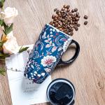 Blue Flower Porcelain Latte Mug with Lid 17oz