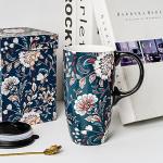 Blue Flower Porcelain Latte Mug with Lid 17oz