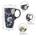 Blue Flower Porcelain Latte Mug with Lid 17oz