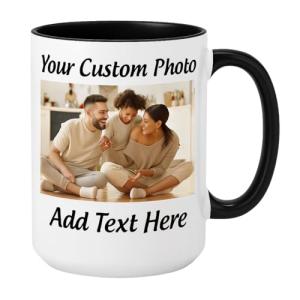Customized 15oz Ceramic Coffee Mugs with Personalized Text and Photo Image Upload Novelty , Personalize With Different Design And Images, Custom Gift (Black)