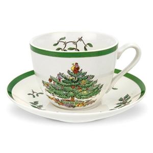 Spode Christmas Tree Teacup & Saucer Set - 7 Oz Earthenware Cup for Tea, Coffee, Cappuccino, Espresso - Holly & Mistletoe Holiday Accents - Holiday Collection Design for Gifting