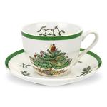 Spode Christmas Tree Teacup & Saucer Set - 7 Oz Earthenware Cup for Tea, Coffee, Cappuccino, Espresso - Holly & Mistletoe Holiday Accents - Holiday Collection Design for Gifting