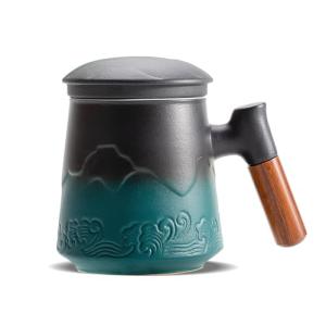 ZENS Tea Cup with Infuser and Lid for Loose Leaf Tea Steeper, 15.2 oz Embossed Ceramic Tea Mug with Fine Tea Strainers, Wood Handle Large Tea Diffusers Mugs, Tea Accessories for Tea Lovers Gifts